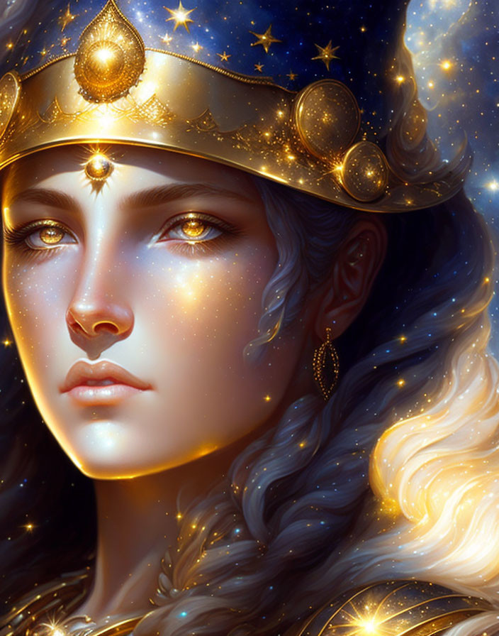 Fantasy portrait: Woman with starry night-sky hair, gold crown, celestial motifs