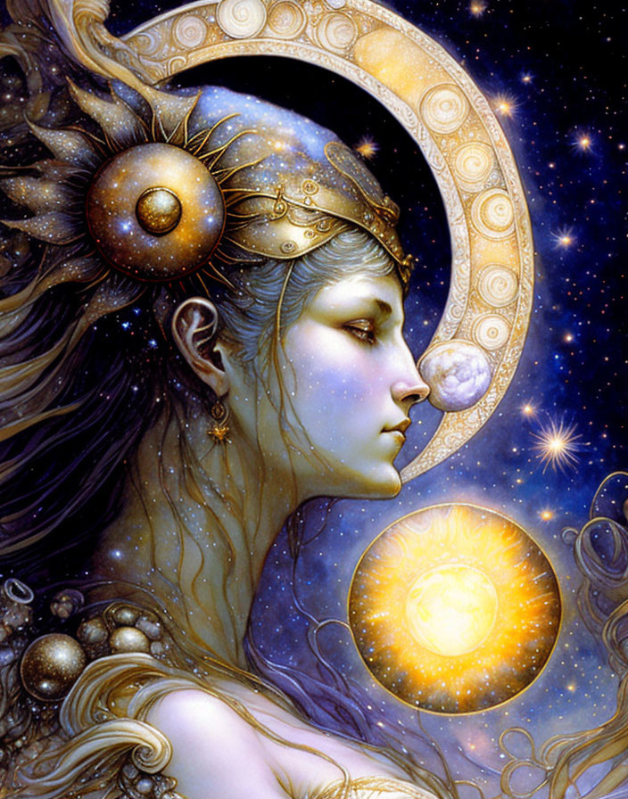 Celestial female figure with cosmic headdress in starry universe
