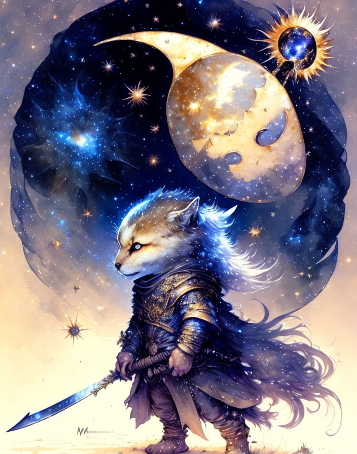 Anthropomorphic fox in armor with sword under cosmic sky