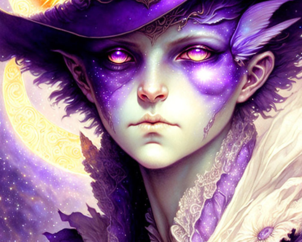 Fantastical portrait of character with cosmic-themed skin and celestial hat