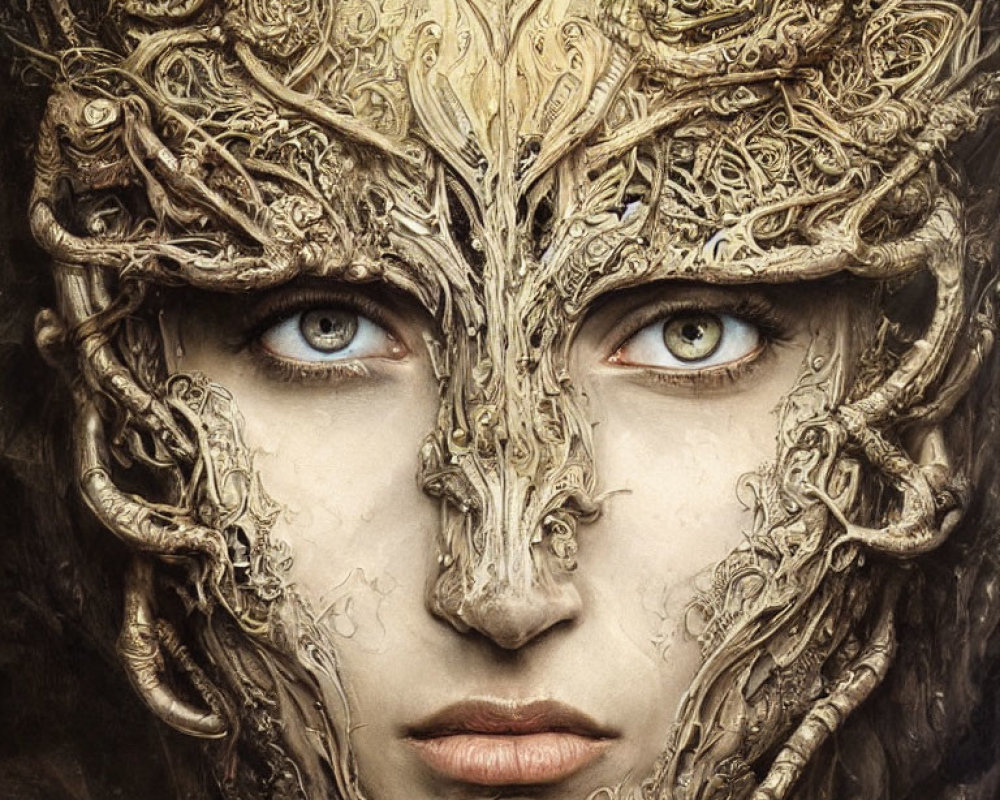 Person with Striking Blue Eyes in Ornate Golden Mask