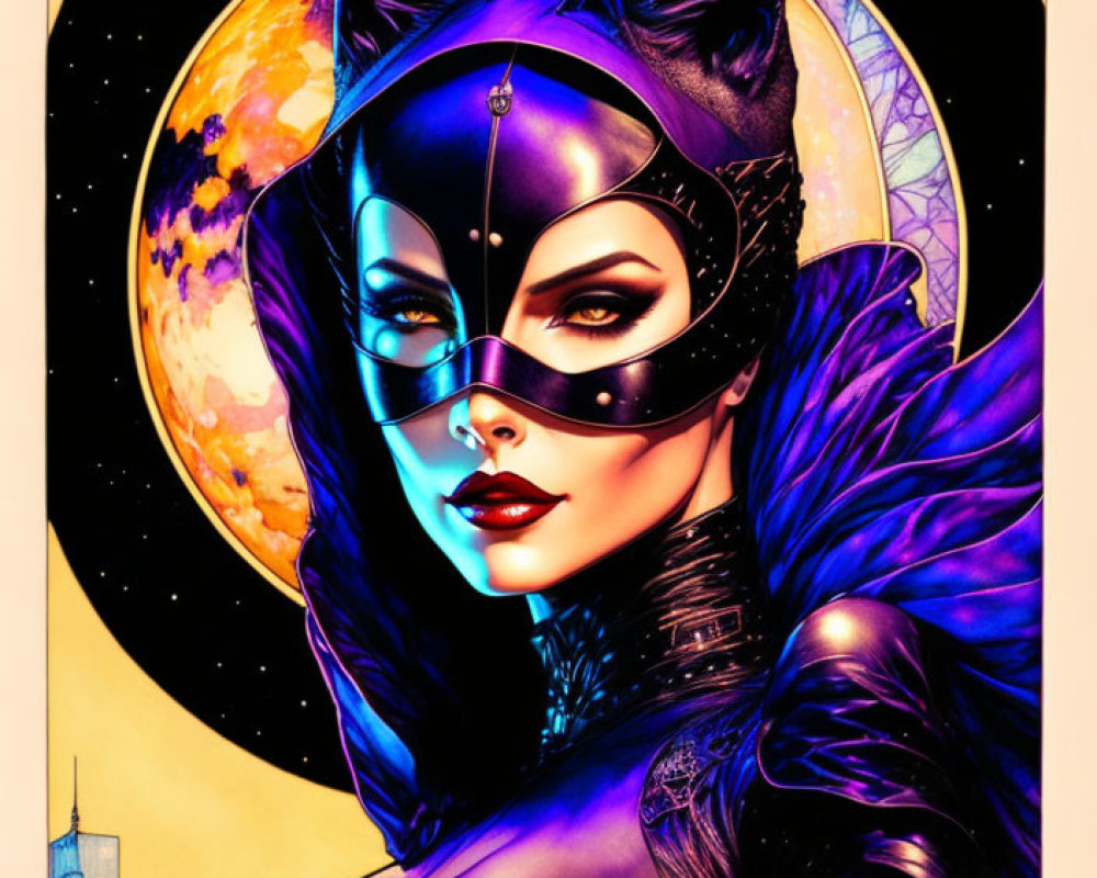 Stylized woman in cat costume with mask and purple suit against city skyline and cosmic backdrop