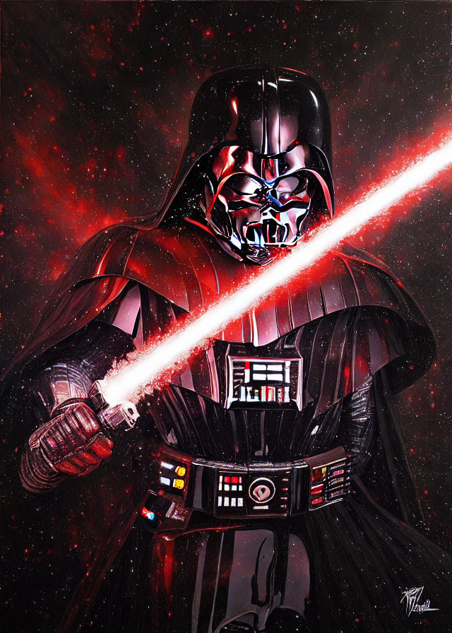 Sith Lord with red lightsaber in cosmic setting