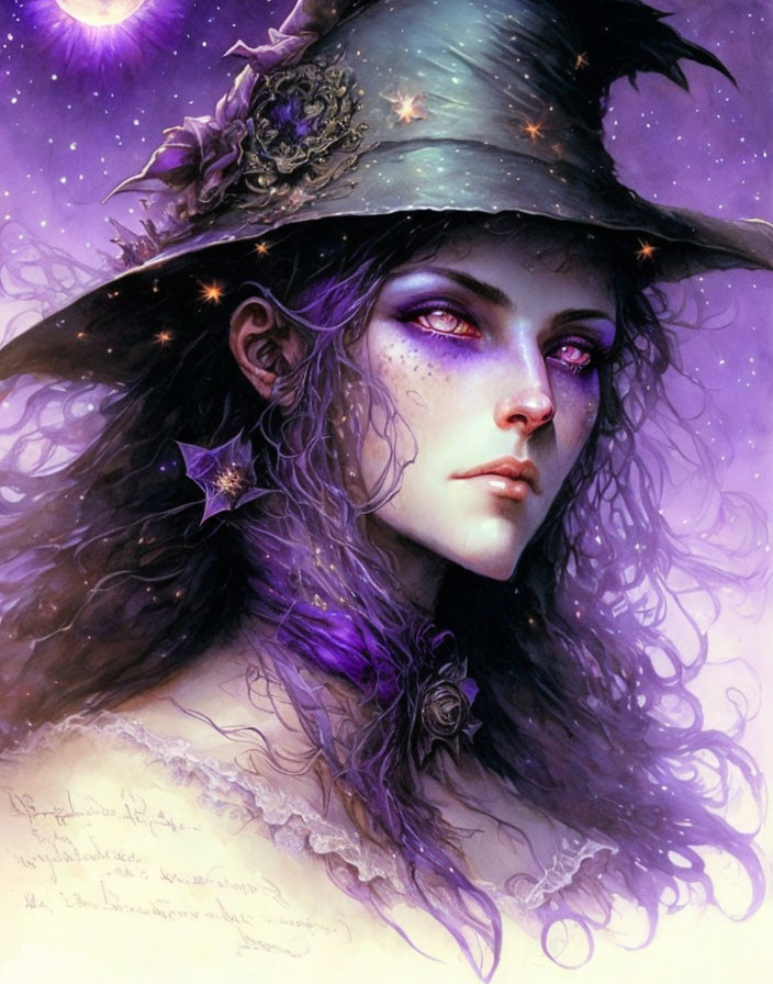 Purple-skinned mystical female figure with starry eyes and violet hair in celestial-themed hat on cosmic background