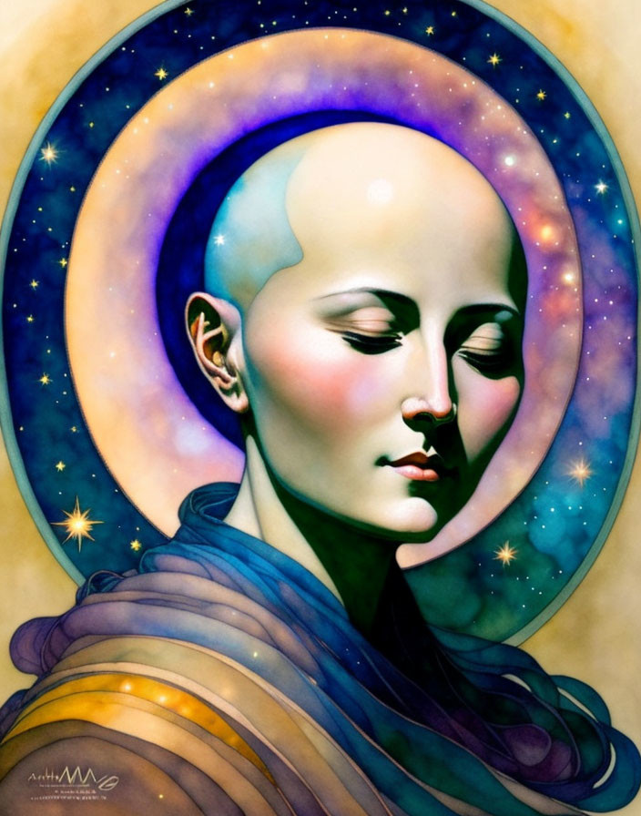 Bald Figure with Cosmic Halo and Multicolored Cloak