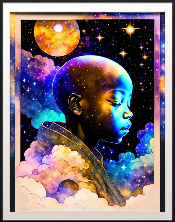 Colorful cosmic artwork: Child's silhouette against vibrant nebulae and stars