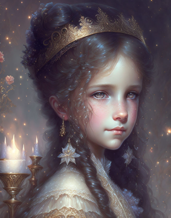 Digital art portrait of young girl with blue eyes, curly hair, golden tiara, elegant dress,