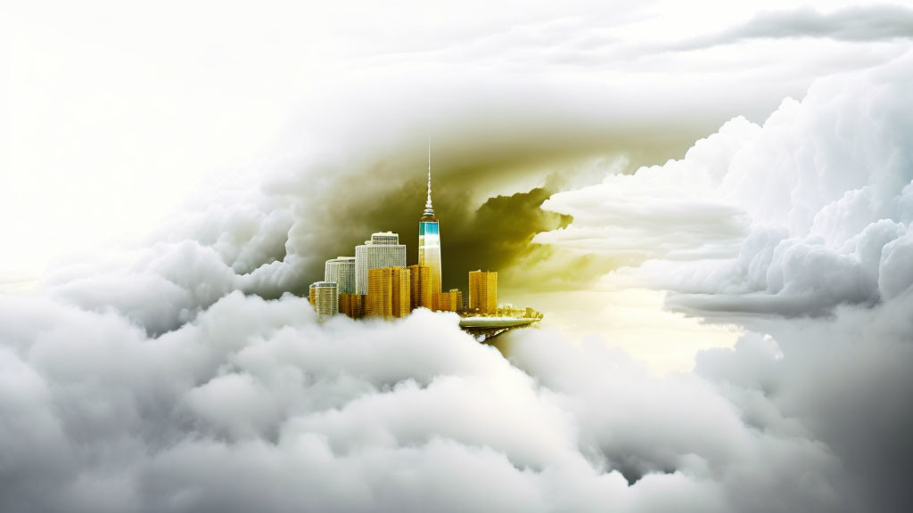 City skyline emerging from clouds on soft-lit background