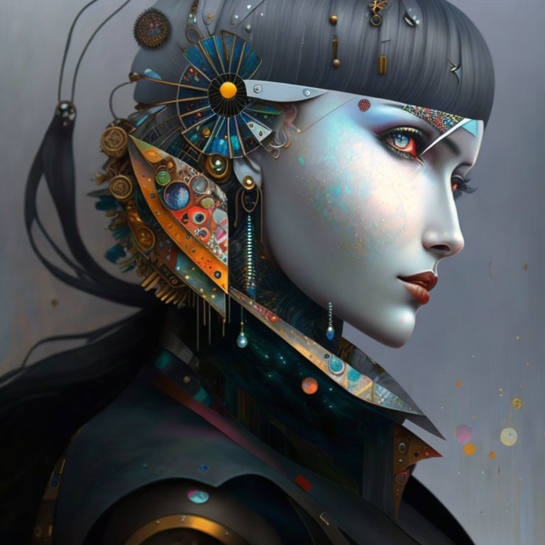 Female cyborg digital artwork with intricate mechanical details and colorful accents on a grey backdrop