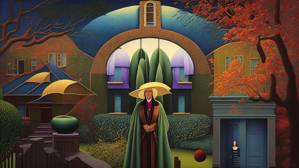 Stylized painting of women in large hat by arched house with autumn trees