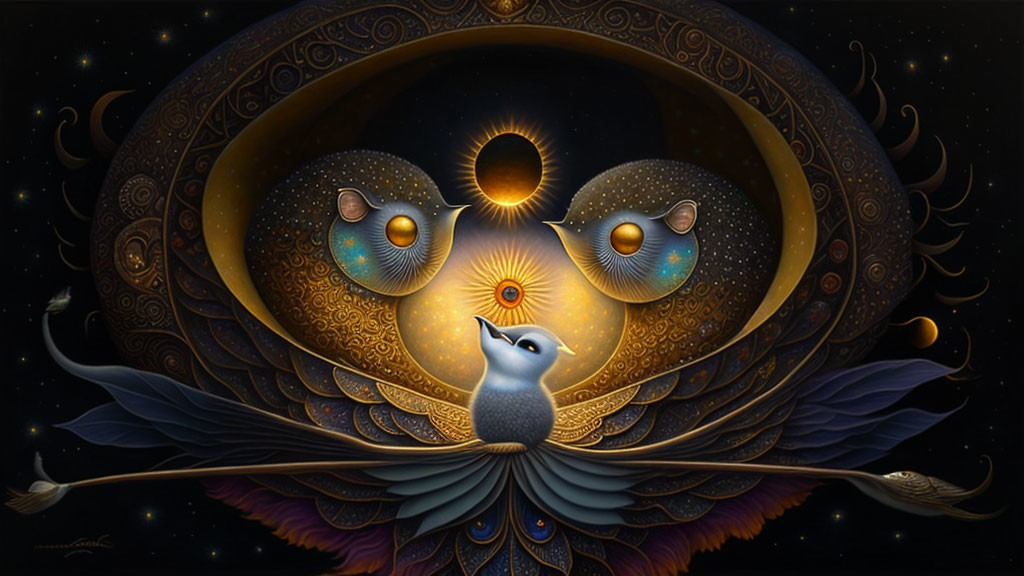 Fantastical Artwork Featuring Blue Bird and Celestial Elements