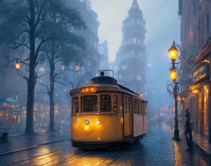 Vintage Tram on Wet Street at Twilight with Illuminated Lamps