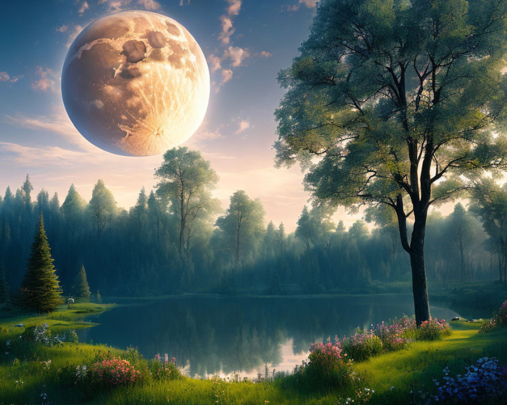 Detailed Moon Over Serene Lakeside Landscape at Dusk