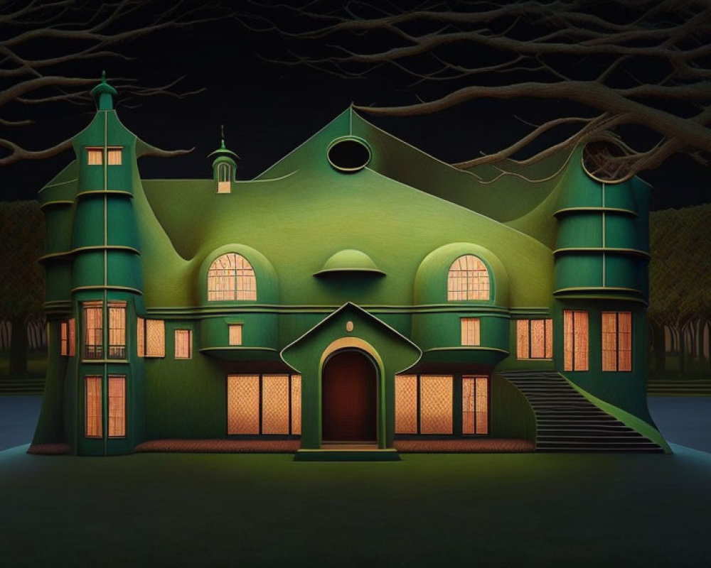 Whimsical green house with turrets and trees at night