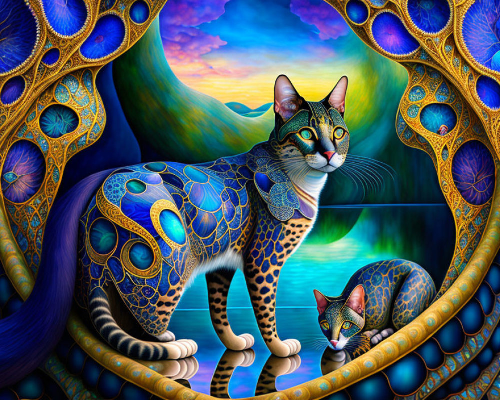 Surreal painting of peacock-patterned cats in vibrant landscape