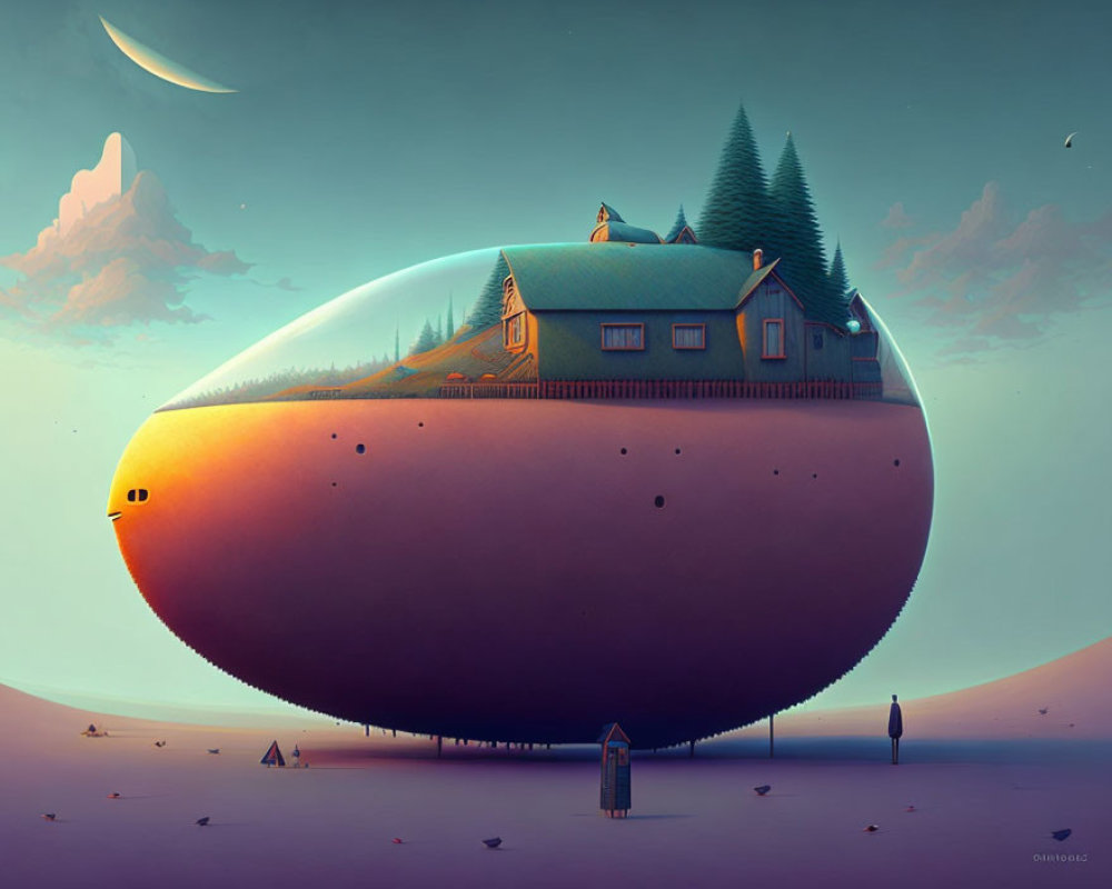 Egg-shaped island with house and trees under crescent moon