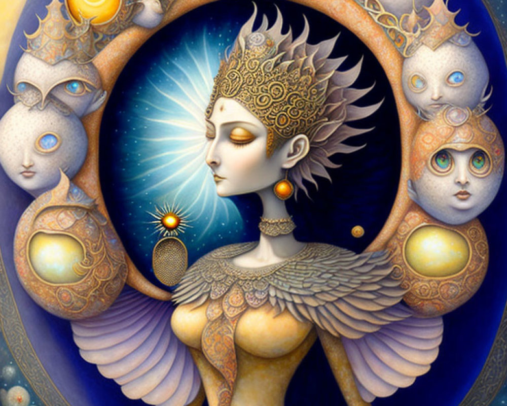 Detailed illustration of woman with golden feathered shoulders, celestial bodies, closed eyes, halo of faces.