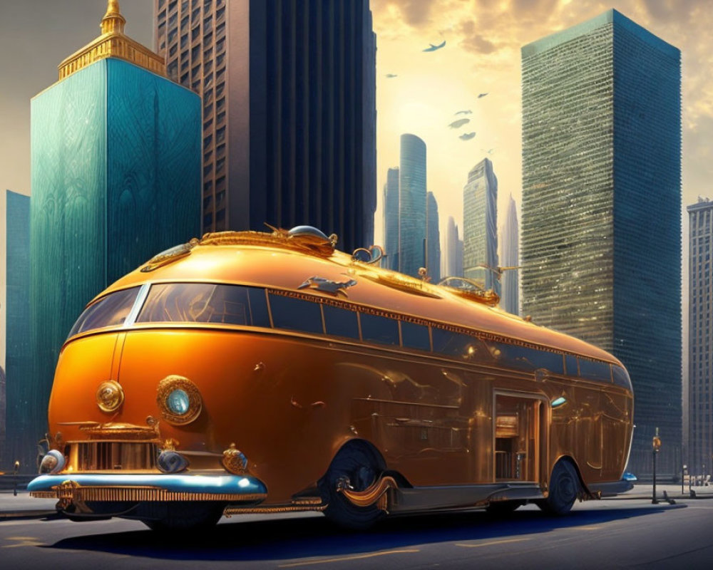 Futuristic golden bus in city skyline at sunset