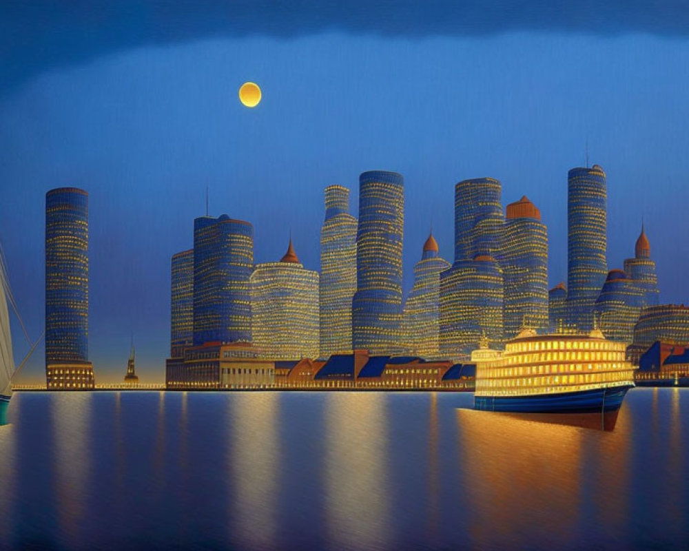 Tranquil cityscape with modern skyscrapers, sailboat, and full moon