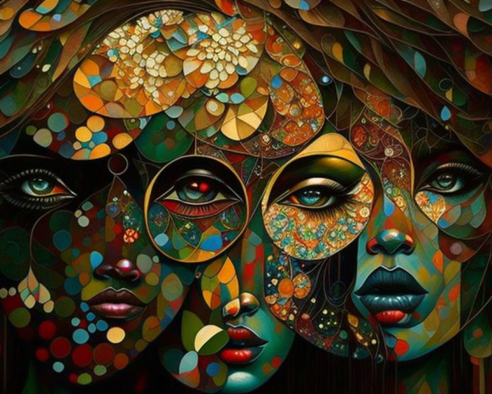 Colorful mosaic circles blend on women's faces against leafy backdrop