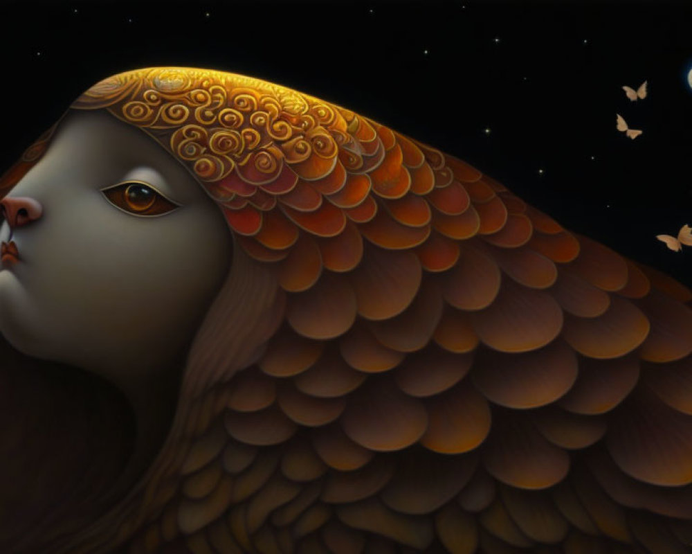 Illustration of creature with owl feathers gazing at night sky with stars and moon.