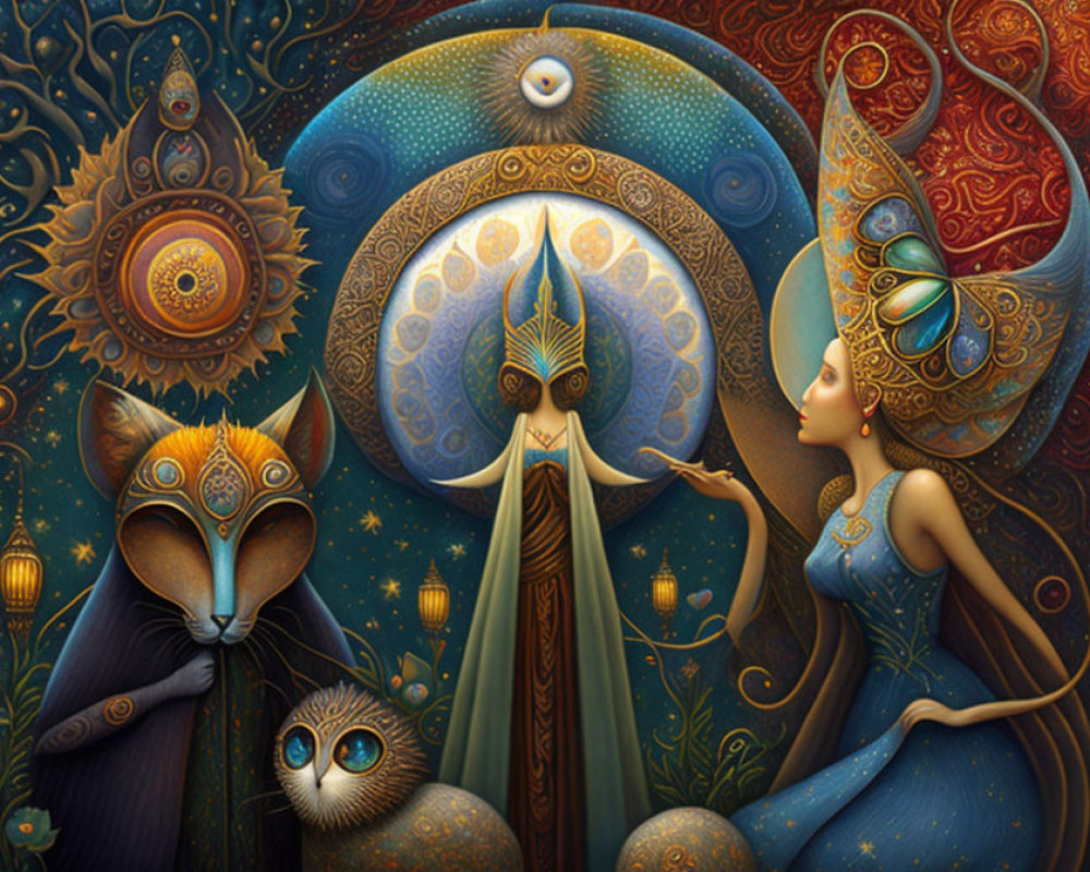 Fantasy art: Woman with pointed hat, fantasy cat-like creatures, celestial symbols