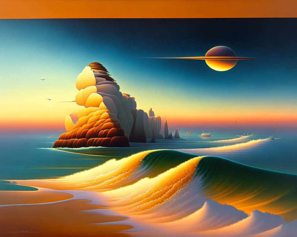 Surreal landscape with orange cliffs, sunset, moons, ships, and stylized waves