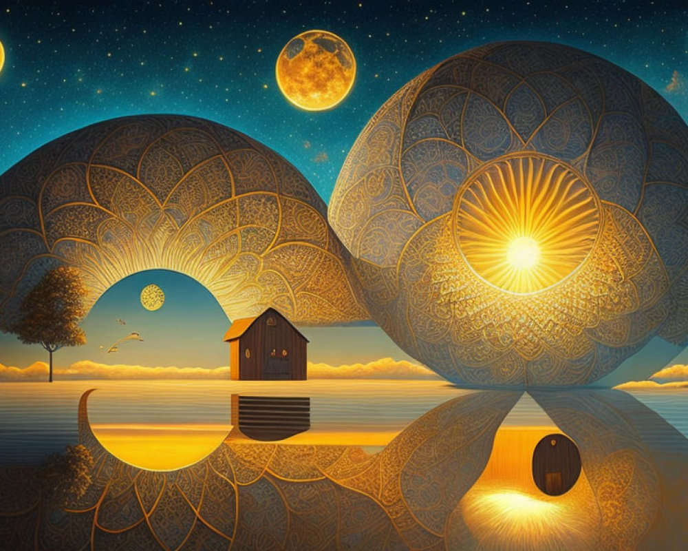 Surreal landscape with patterned spheres, house, boat, and dual moons