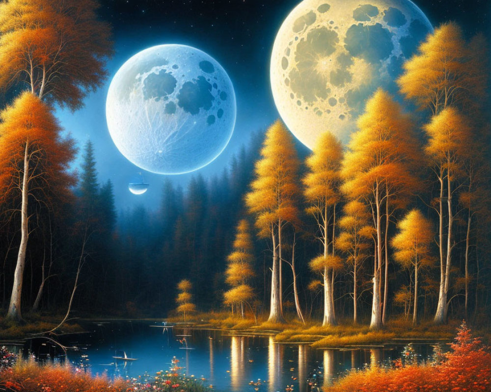 Tranquil forest scene with autumn trees, lake, and twin moons