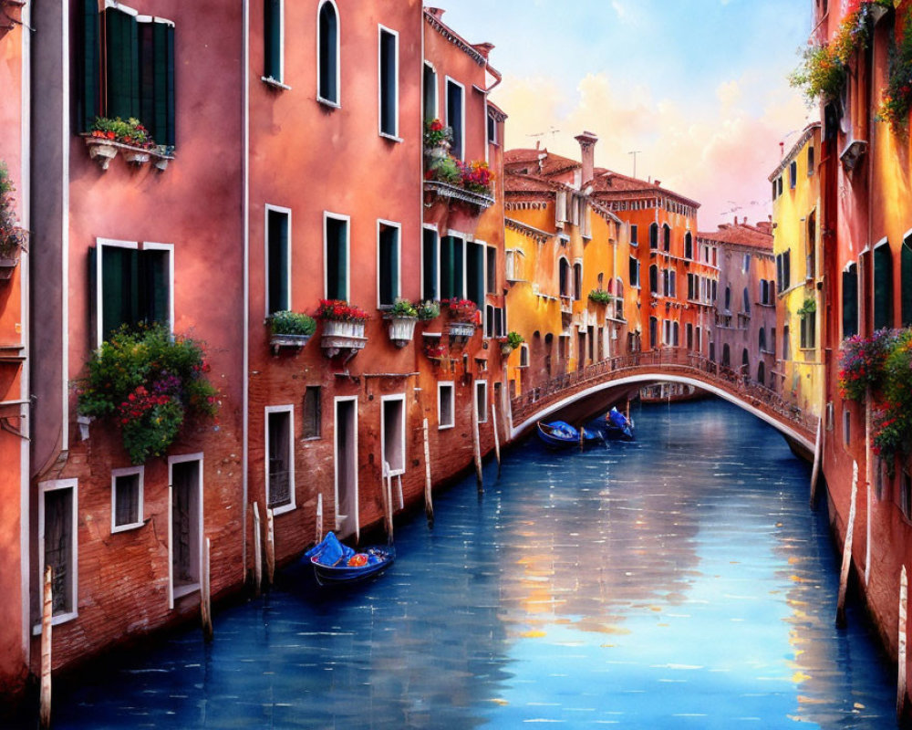 Vibrant Venice canal scene with colorful buildings and gondolas
