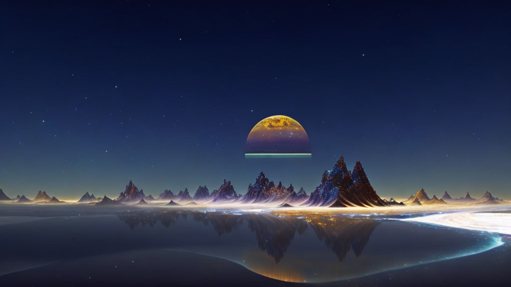 Tranquil Nocturnal Landscape with Moonrise over Snowy Mountains