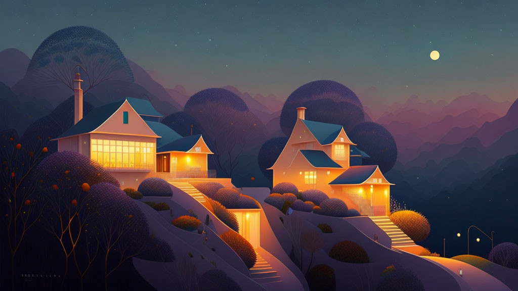 Illustration of cozy houses on terraced landscape at night