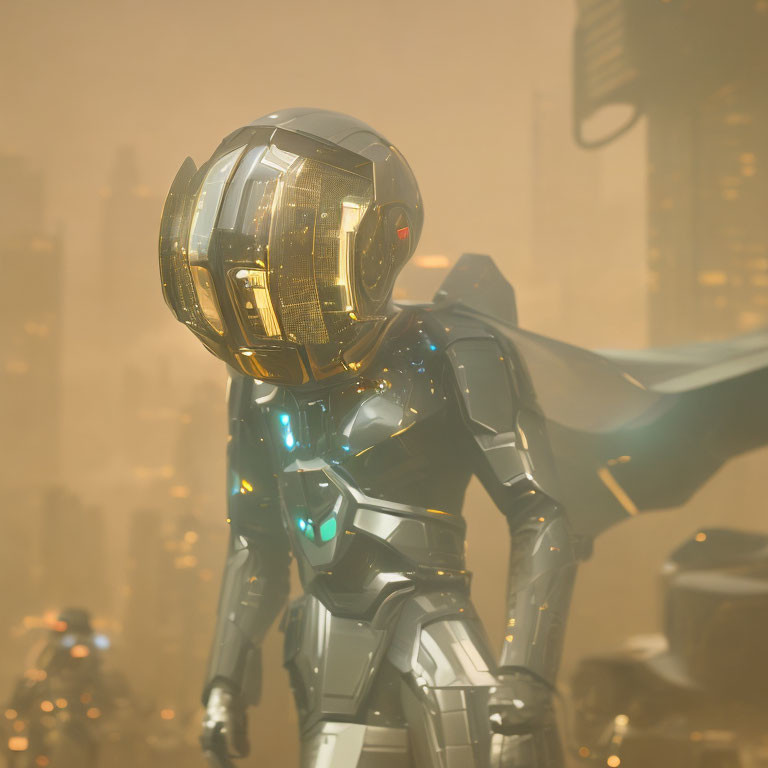 Futuristic humanoid robot with gold visor in urban setting
