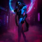 Futuristic cyberpunk character with high-tech weapon in neon-lit alley