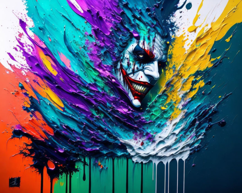 Colorful Clown Face Artwork in Dynamic Paint Explosion