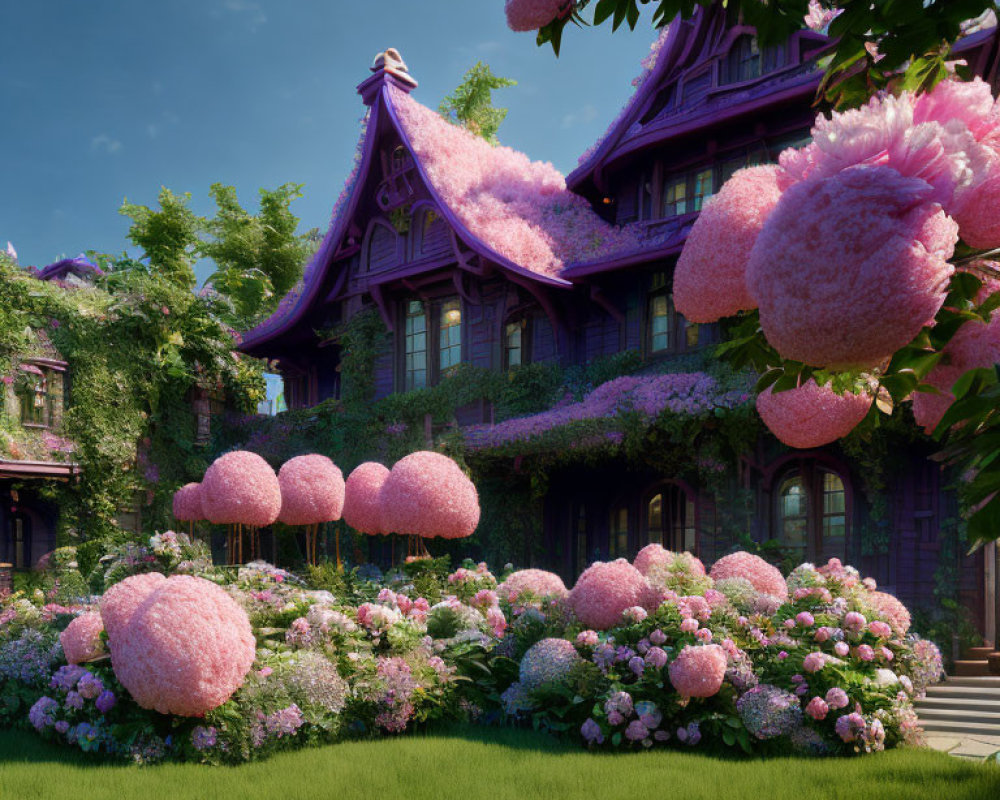 Victorian House with Purple Hues and Fantastical Pink Flowers