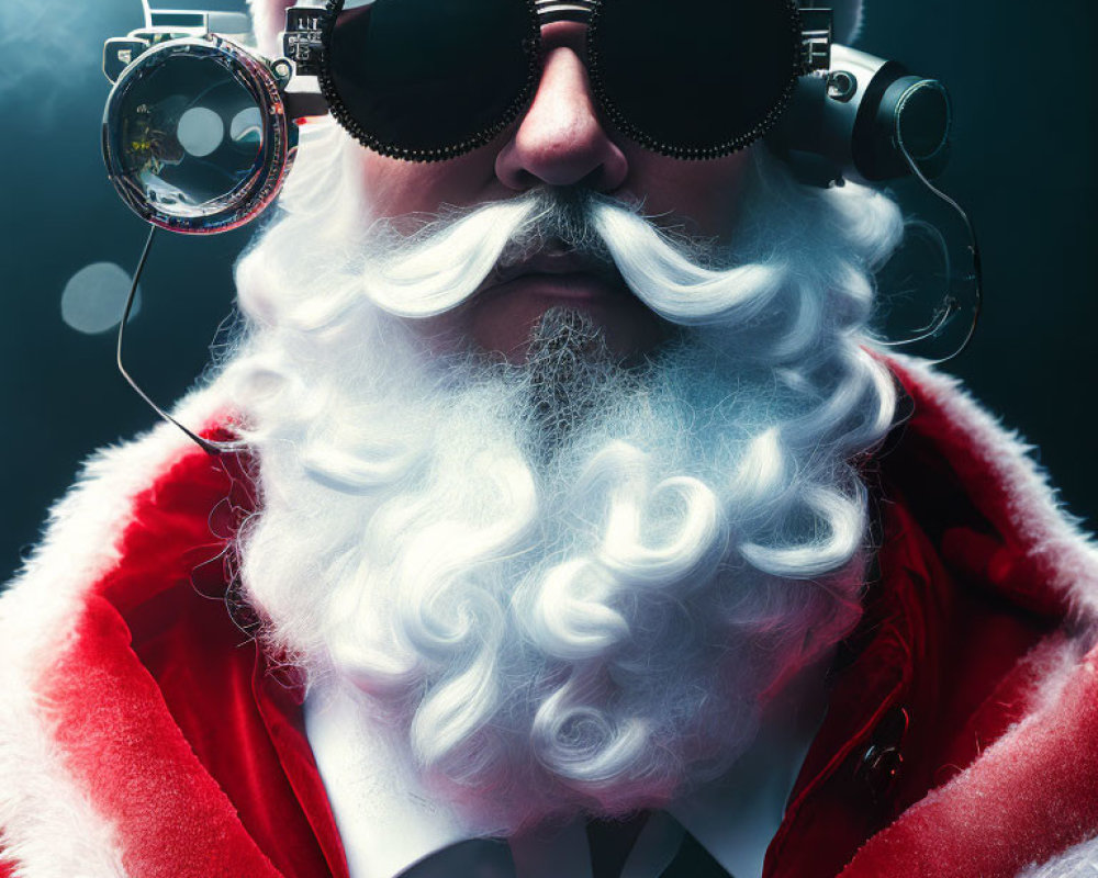 Futuristic Santa Claus with steampunk goggles and luxurious beard