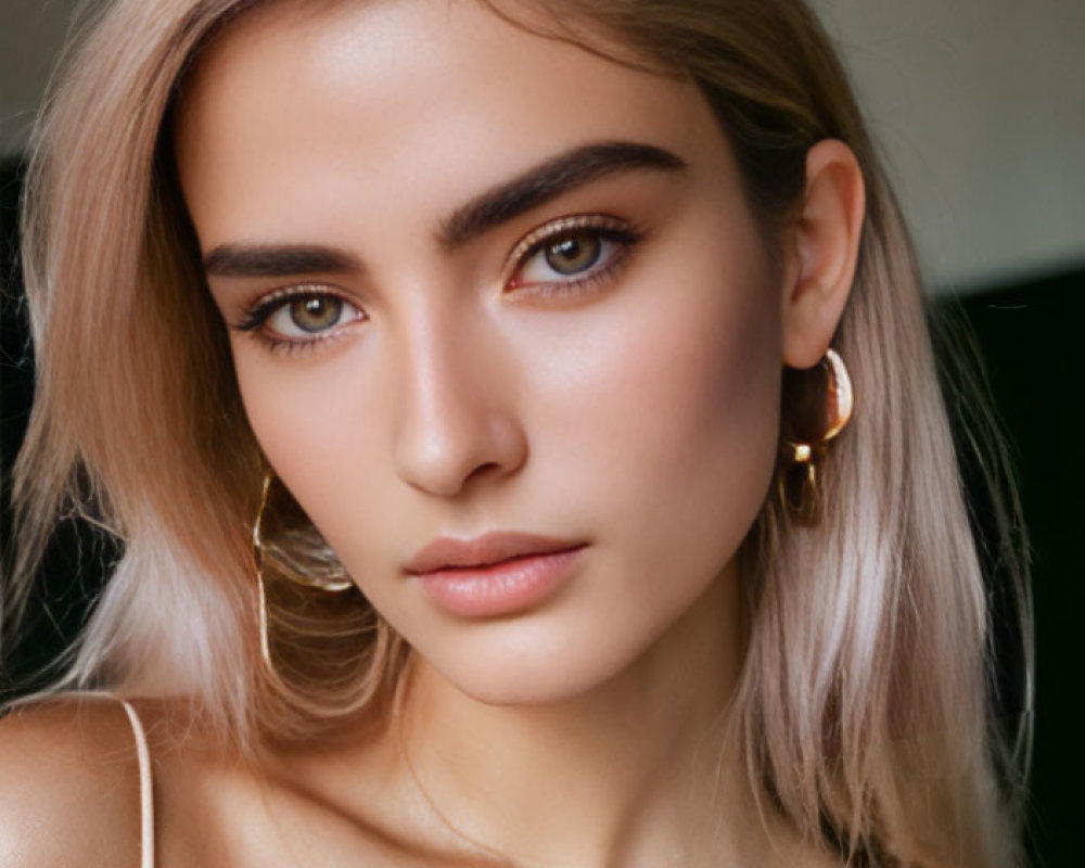 Portrait of a person with brown eyes, blonde hair, and gold earrings wearing beige top
