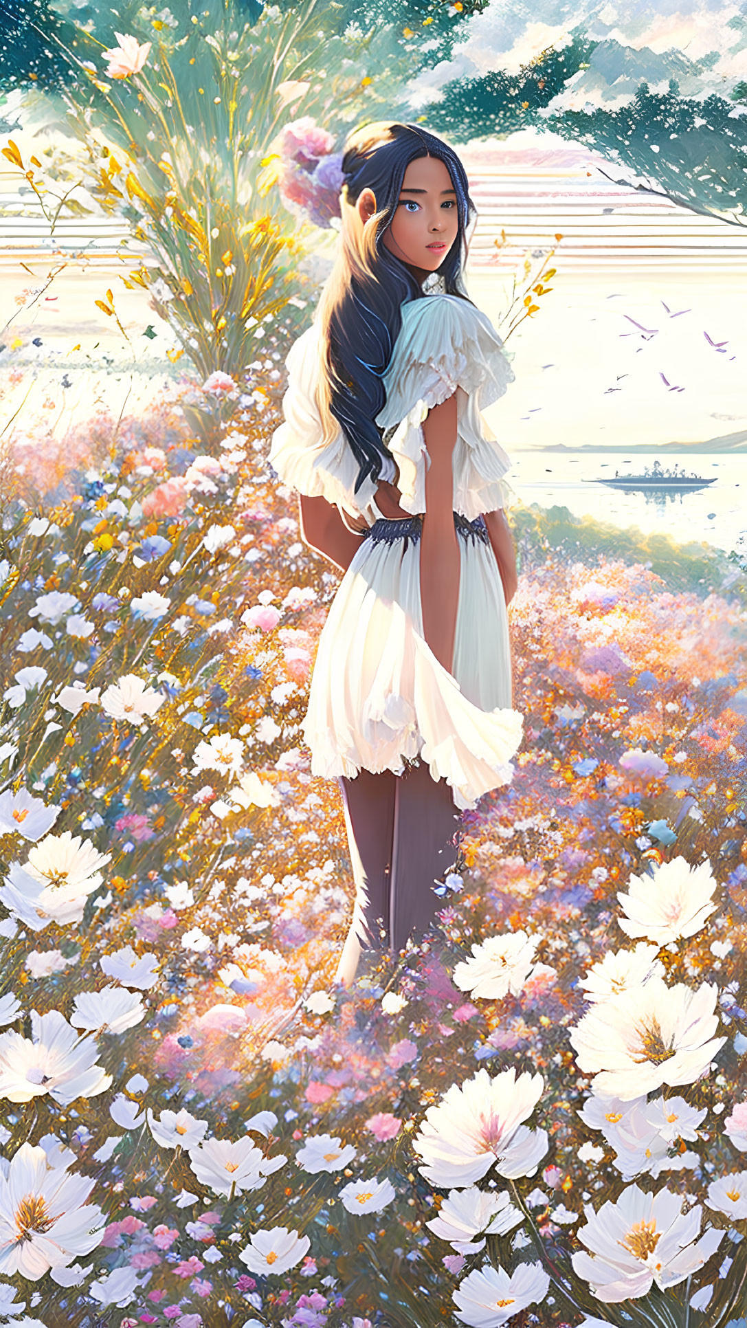 Woman in Field of White and Pink Flowers with Sunlight, Birds, and Mountains