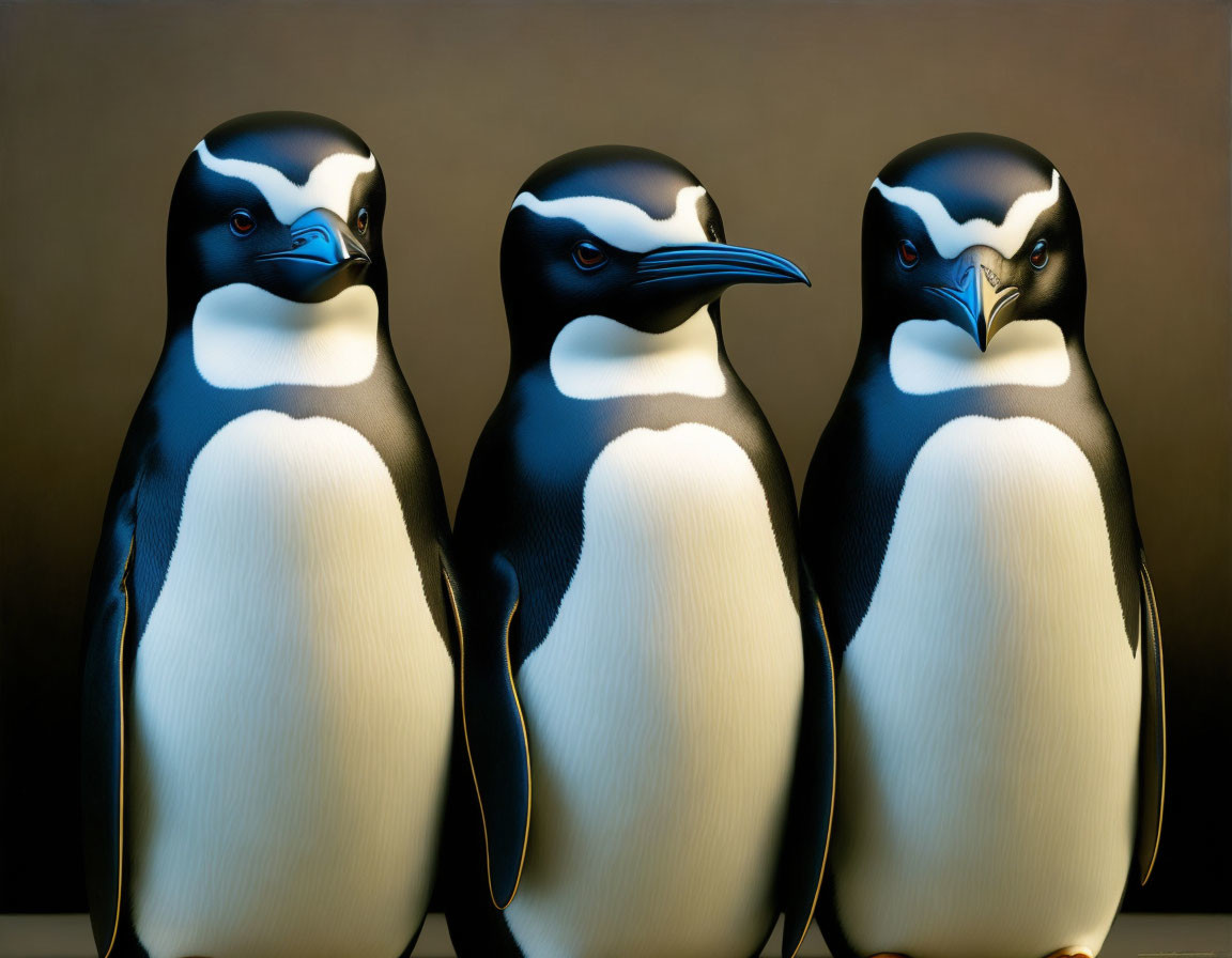 Realistic model penguins in black and white against dark background