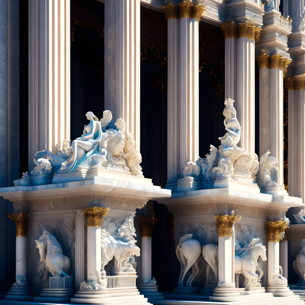Neoclassical style with white marble columns and statues of horses and human figures