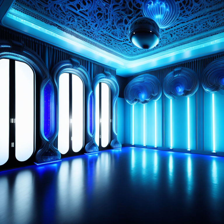 Futuristic Room with Blue Lighting, Ceiling Patterns, Spherical Accents, and Vertical Windows