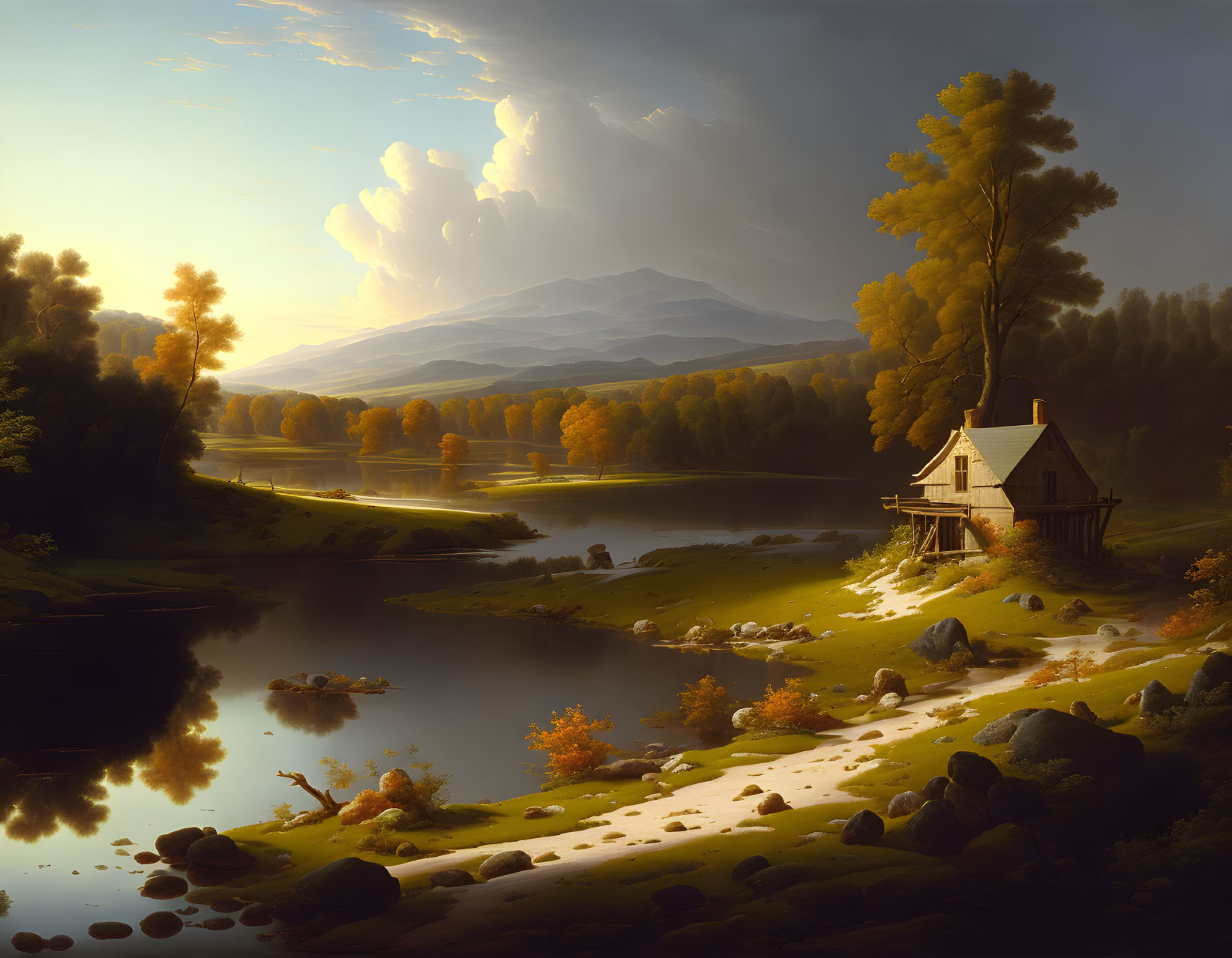 Tranquil landscape: cottage by serene lake, lush trees, dramatic sky