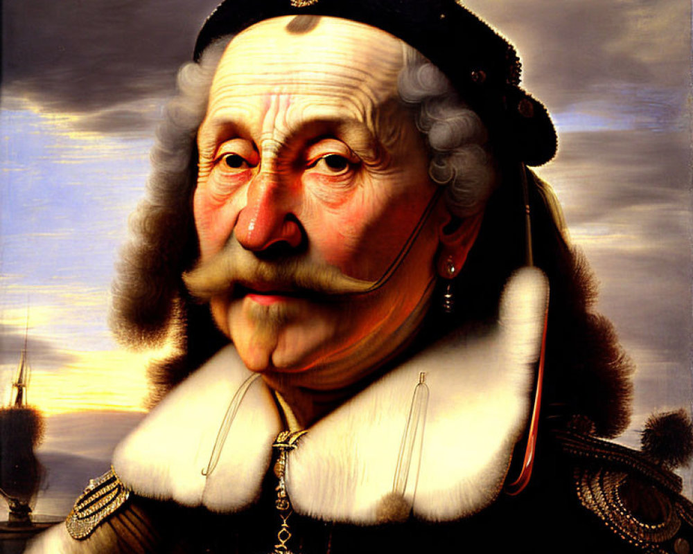 17th-Century Male Portrait in Military Attire with White Ruff and Mustache