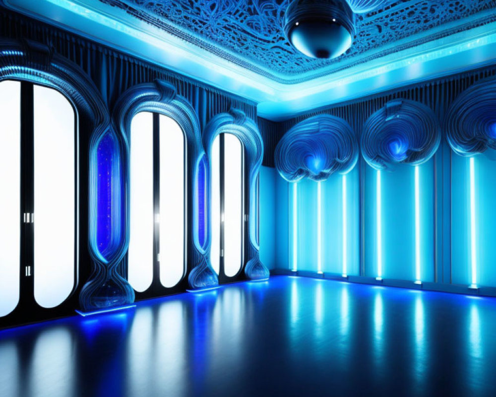 Futuristic Room with Blue Lighting, Ceiling Patterns, Spherical Accents, and Vertical Windows