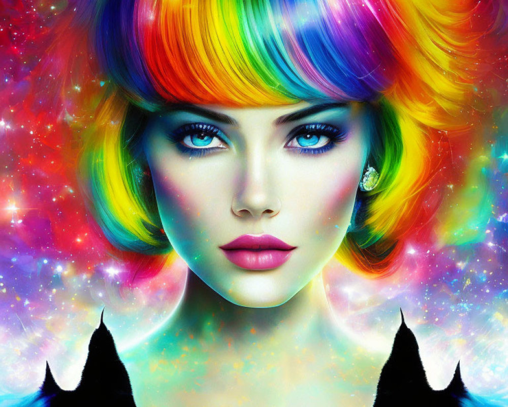 Colorful digital portrait: woman with rainbow hair and blue eyes on cosmic background