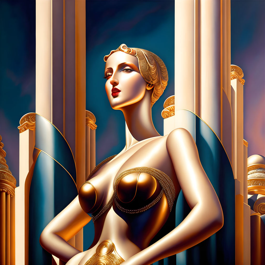 Golden Female Figure in Art Deco Style with Classical Elements
