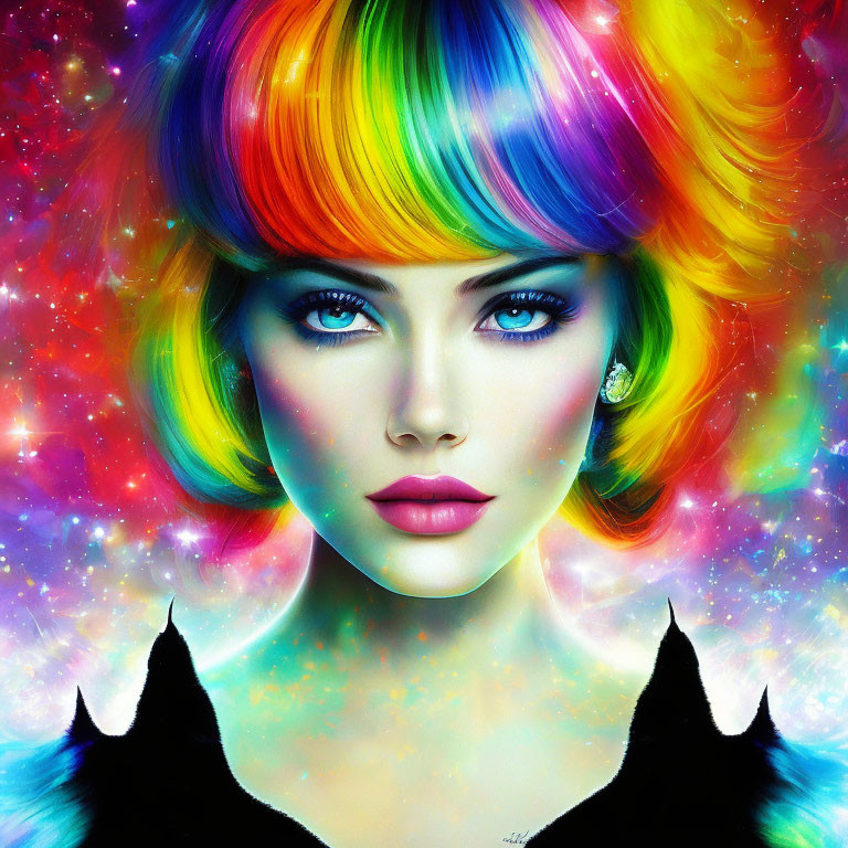 Colorful digital portrait: woman with rainbow hair and blue eyes on cosmic background