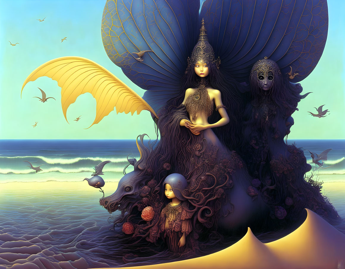Surreal artwork featuring figure with blue wings by ocean with whimsical creatures