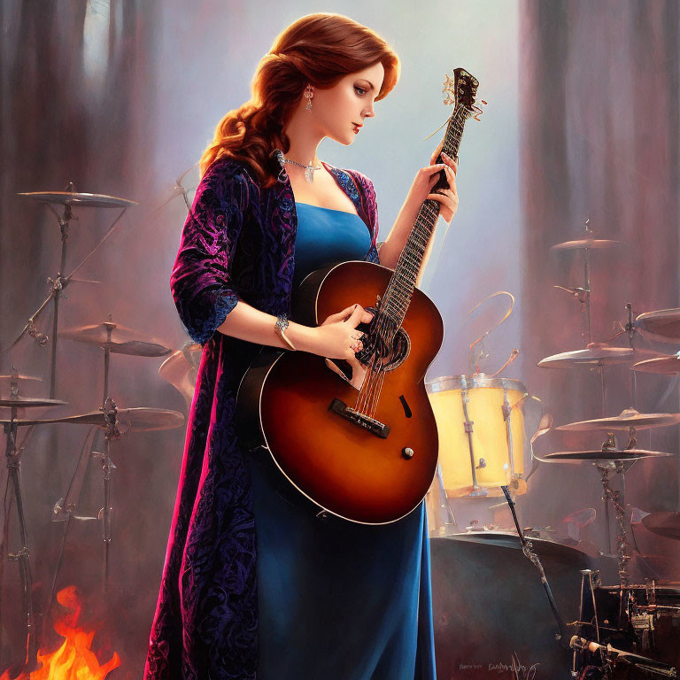 Woman in Blue Dress Playing Guitar Near Drums with Fire Background
